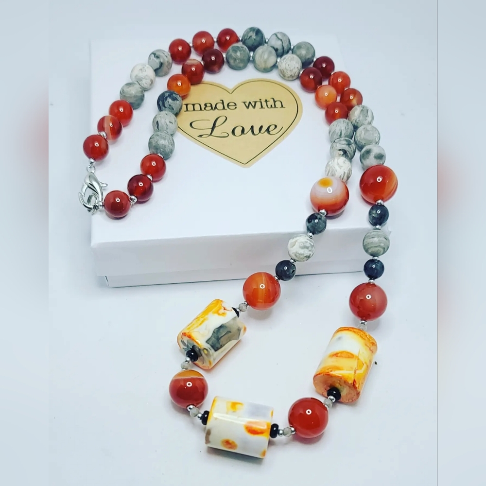 Bumble Bee And Red Agate, Picture Jasper Necklace